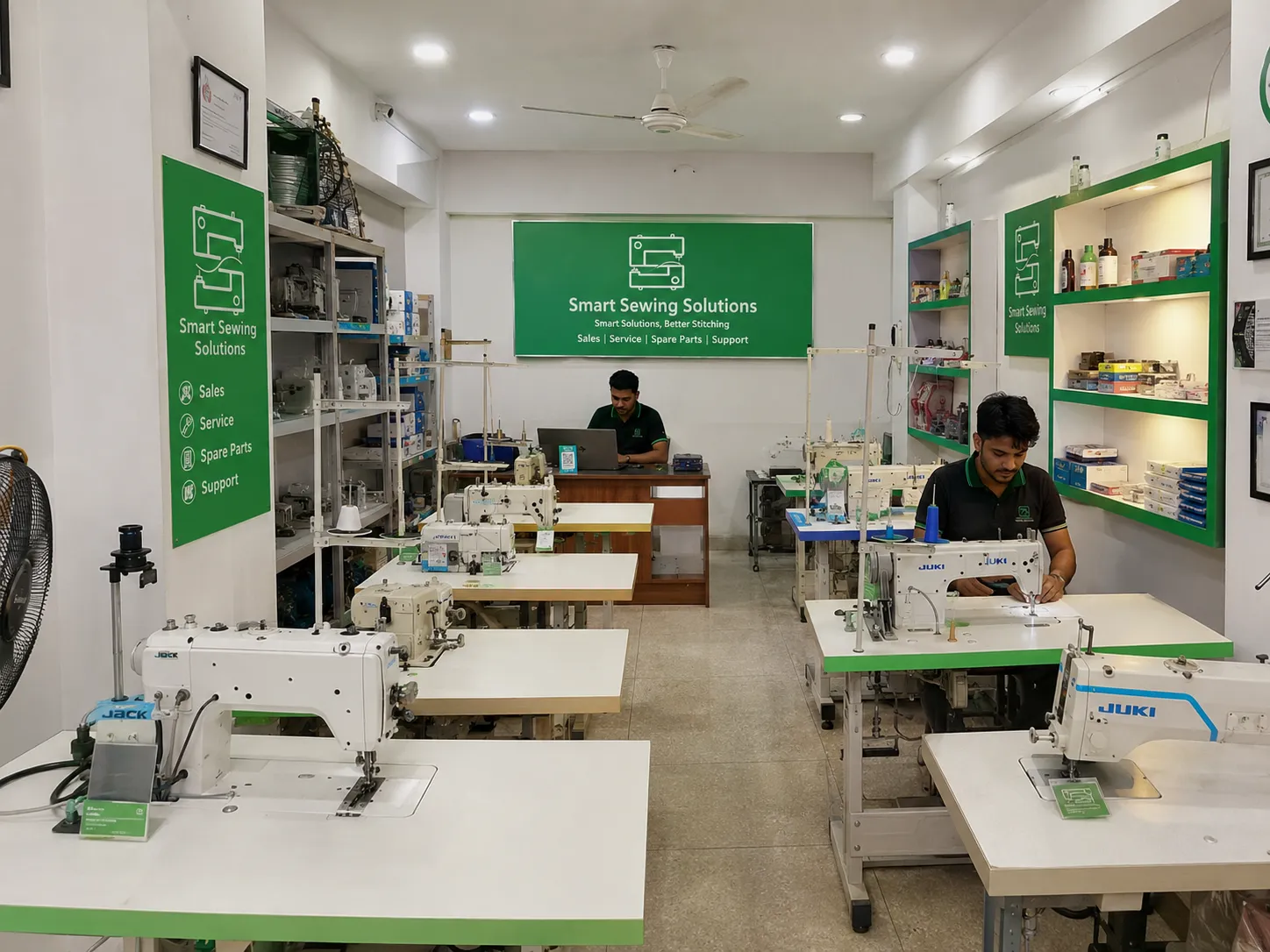 Interior showroom with industrial sewing machines and service desks